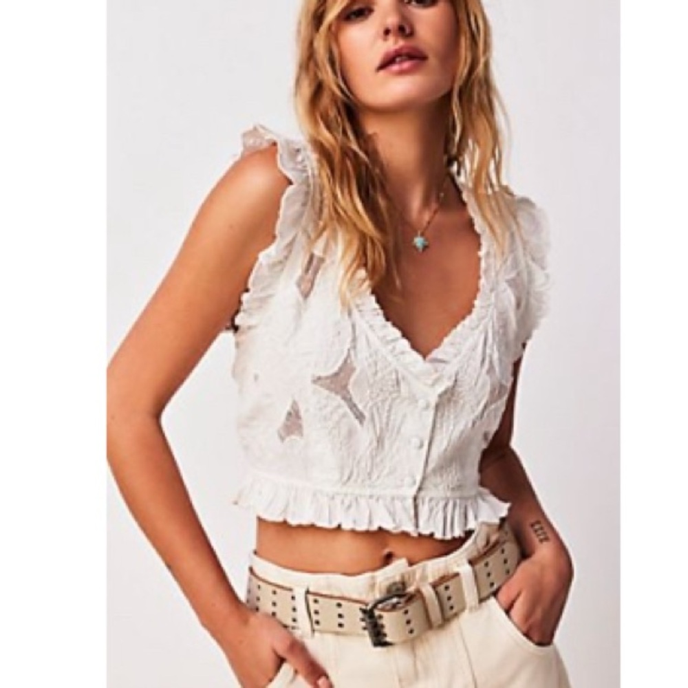 Free People Cream Ruffled V-Neck Blouse